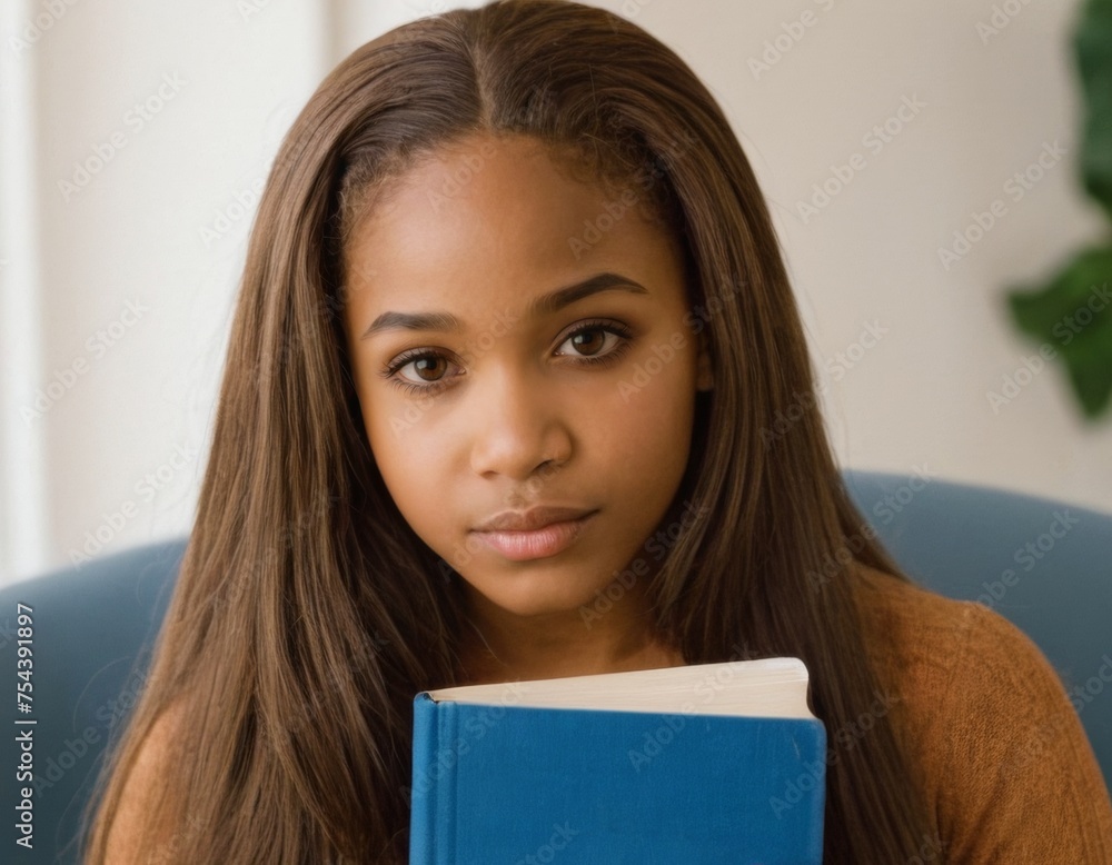 Young African American girl reading a book. AI generation Young African American girl reading a book. AI generation