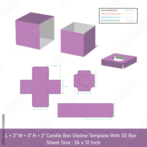 Square Candle box dieline template, vector design