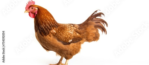 A young brown rooster is captured up close on a white background. The focus is on the roosters vibrant feathers, comb, and intense eyes, creating a striking image. photo