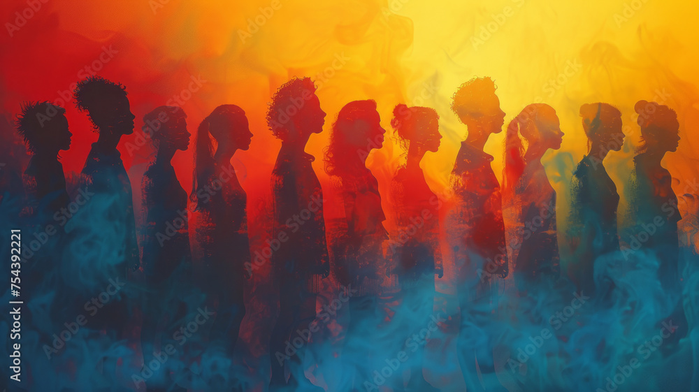 illustration of Colorful upper body silhouettes of people from many generations as a population concept,generative ai - obrazy, fototapety, plakaty 