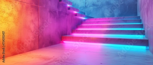 Abstract architectural concrete smooth interior of a minimalist house with color gradient neon lighting. 3D illustration and rendering.