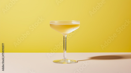 Chilled cocktail in a stemmed glass against a yellow background.