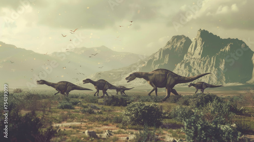 Prehistoric dinosaur era. Jurassic period park. Ancient extinct animal. Wild dangerous dino with sharp teeth. Big scary carcharodontosaurus run plain. Wildlife many years ago. Powerful predator walk.