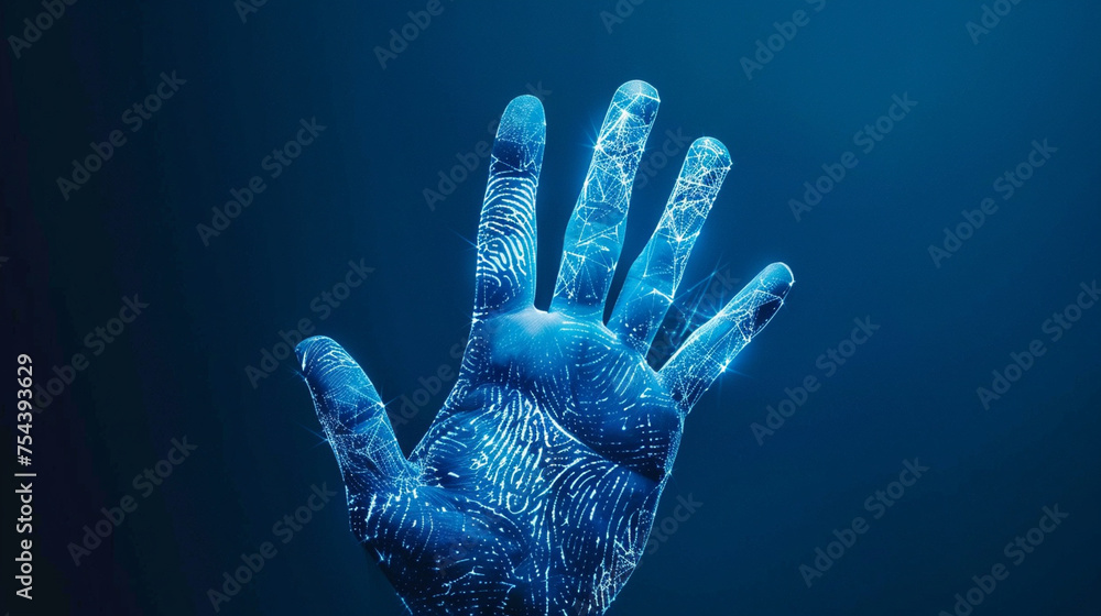 A digital handprint scanner providing biometric security access, emphasizing personal data protection, with copy space A digital handprint scanner providing biometric security access, emphasizing personal data protection, with copy space
