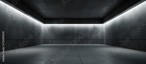 The image depicts an empty room with concrete walls and a concrete floor. The room is devoid of any furniture or decorations, creating a stark and minimalist atmosphere. The lighting is dim,