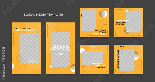 Social media template banner blog street wear fashion sale promotion. fully editable instagram and facebook square post frame puzzle organic sale poster. yellow white black vector background