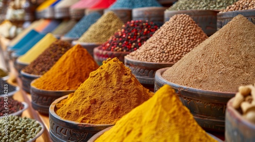 Close-up view of vibrant spice markets, where the air is thick with the aroma of exotic spices, generated with AI