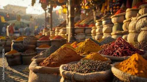 Close-up view of vibrant spice markets, where the air is thick with the aroma of exotic spices, generated with AI photo