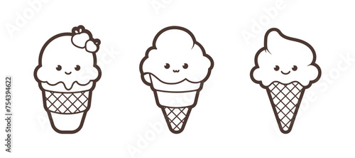 Kawaii ice cream dessert in a waffle cup, black outline, vector illustration in cartoon style. Vector illustration
