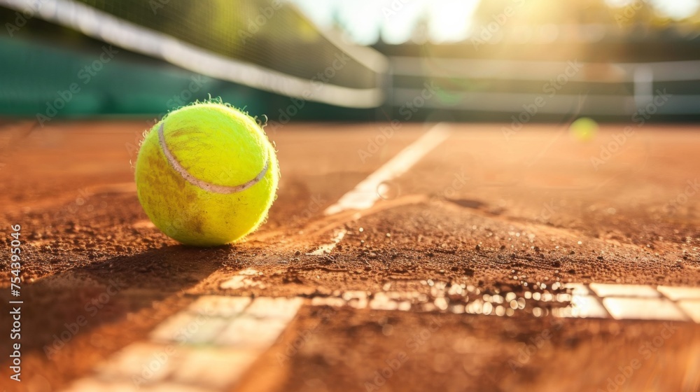Tennis ball on the court, close to the net, generated with AI