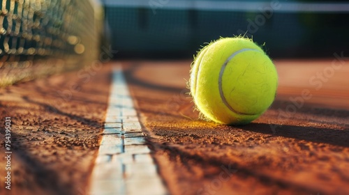 Tennis ball on the court, close to the net, generated with AI