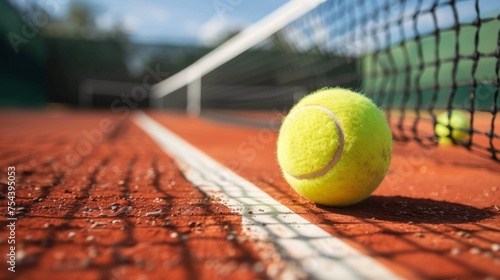 Tennis ball on the court, close to the net, generated with AI