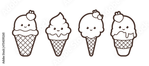 Kawaii ice cream dessert in a waffle cup, black outline, vector illustration in cartoon style. Vector illustration