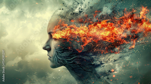 Woman with her head on fire - symbol of headache, stress, mental problems