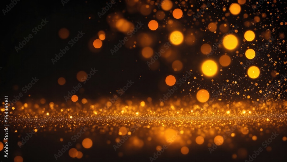 Orange and gold bokeh with elegant sparkling particles on dark background