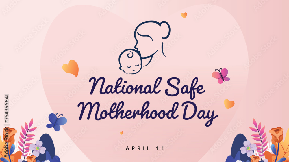 National safe motherhood day. Illustration of mother with her little child, flower in the background. Concept of mothers day, mothers love, relationships between mother and child. Happy motherhood day