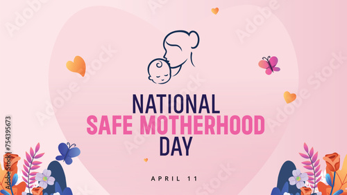 National safe motherhood day. Illustration of mother with her little child, flower in the background. Concept of mothers day, mothers love, relationships between mother and child. Happy motherhood day