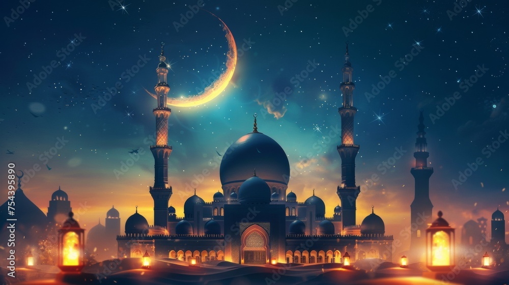 Ramadan kareem with serene mosque and crescent moon background with beautiful glowing lantern, generated with AI