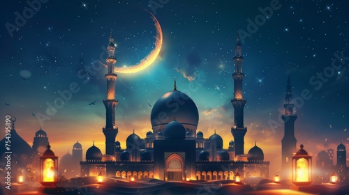 Ramadan kareem with serene mosque and crescent moon background with beautiful glowing lantern, generated with AI