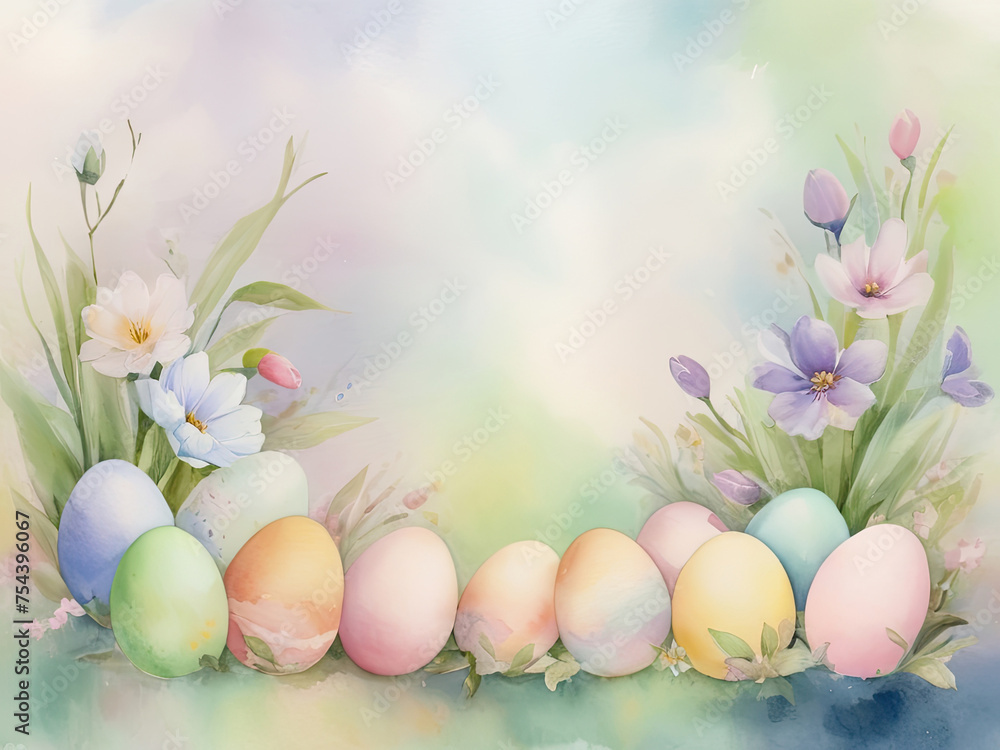 Easter eggs and spring flowers on a watercolor background. Easter card. Easter eggs and spring flowers on a watercolor background. Easter card.