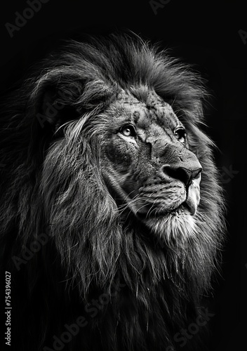 majestic looking male lion photo. In greyscale. High contrast  generated with AI