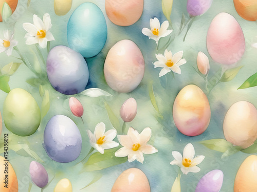 Easter eggs and spring flowers on a watercolor background. Easter card.