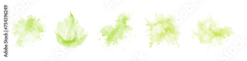 Set of abstract green watercolor water splash on a white background. Vector watercolour texture in salad color. Ink paint brush stain. Green splatters spot. Watercolor pastel splash