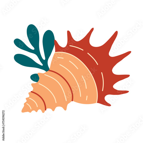 Seashell, mollusks spiral shell, underwater wildlife. Flat style