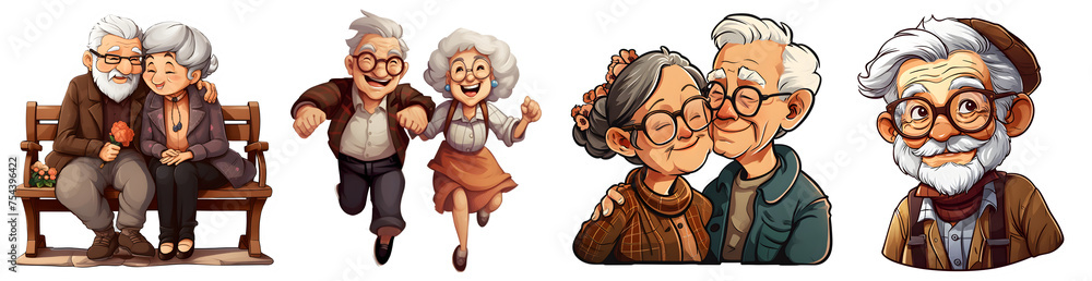 Cute Grandparent Set Cartoon Sticker, Kawaii Sticker, Transparent Background Cute Grandparent Set Cartoon Sticker, Kawaii Sticker, Transparent Background