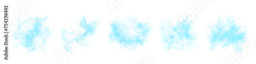Abstract pattern with blue watercolor clouds on white background. Cyan watercolour water brash splash texture. Set of vector pastel color paint stain. Blue watercolor background