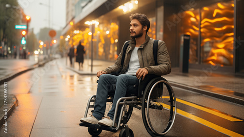 A Disabled Man Is Crossing The Street In His Wheelchair 