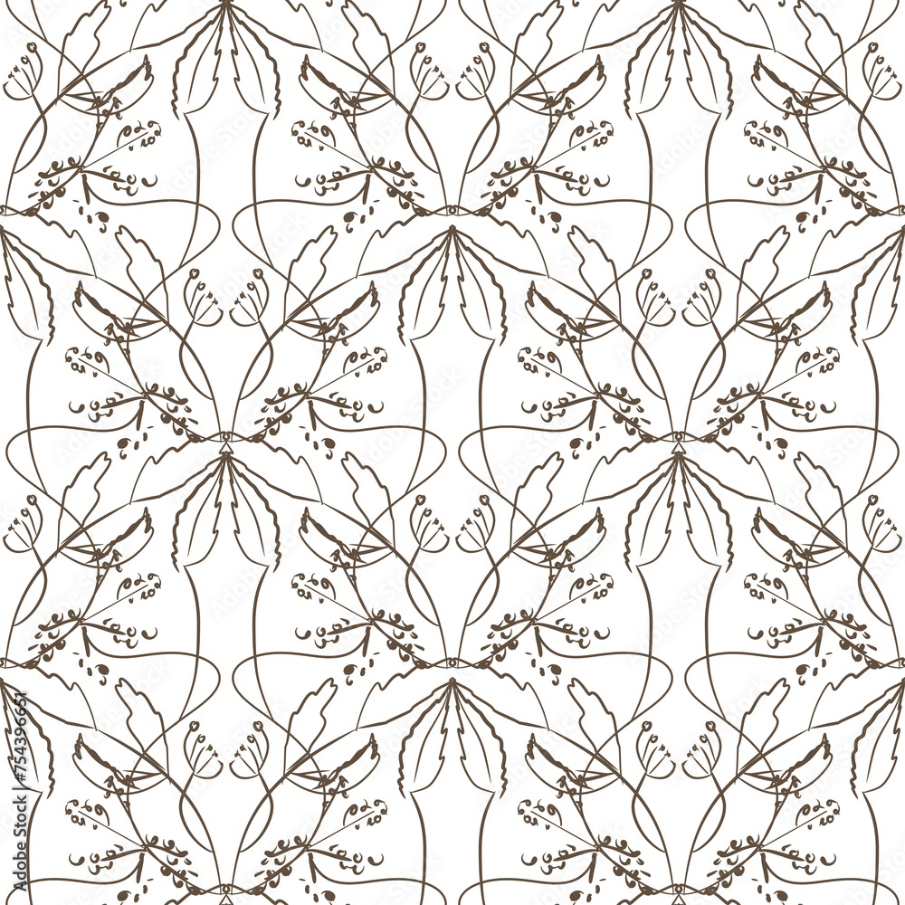 Seamless pattern with graphic flowers and plants in sketch form, monochrome. Suitable for interior, wallpaper, fabrics, clothing, stationery.