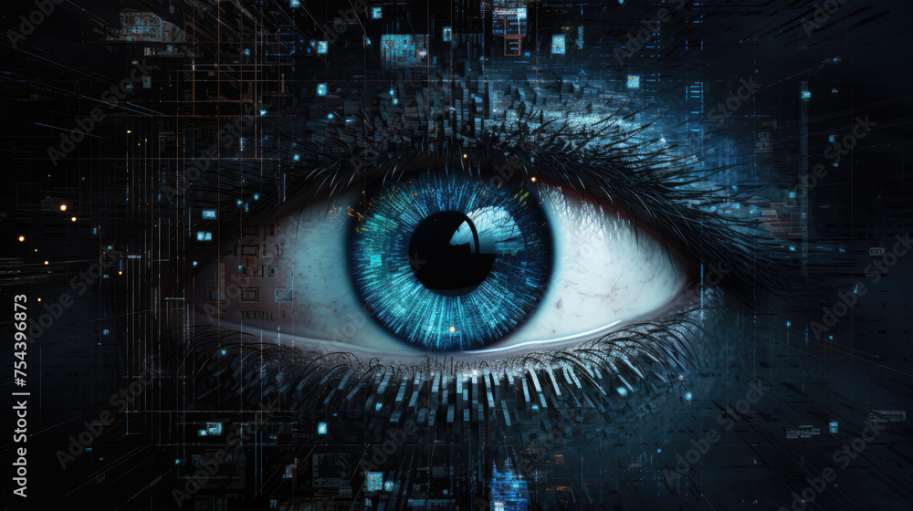 Electronic eye concept, technologies for the global surveillance, human or robot cyborg eye futuristic control protection personal internet security access Electronic eye concept, technologies for the global surveillance, human or robot cyborg eye futuristic control protection personal internet security access