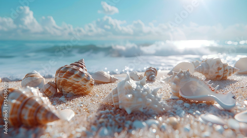 Beach landscape with shells and conches summer background, summer holiday, tour day, Generative Ai © najmah