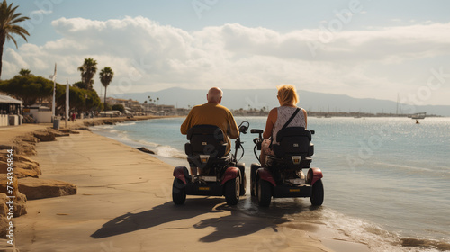 Old Couple Of Handicap People Are Riding Along The Sandy Beach Near Sea In Wheelchairs