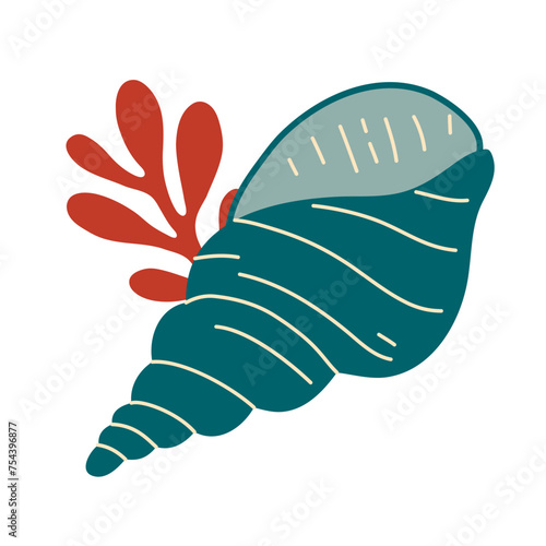Seashell, mollusks spiral shell, underwater wildlife. Flat style