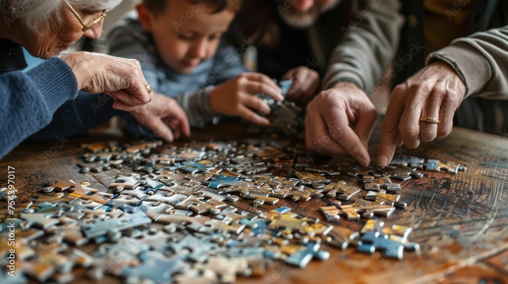 Father and mother, parents, young child enjoying quality time together by assembling jigsaw puzzles in their stylish, modern home The dark blue and aquamarine color scheme creates a calming Father and mother, parents, young child enjoying quality time together by assembling jigsaw puzzles in their stylish, modern home The dark blue and aquamarine color scheme creates a calming