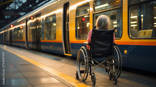 A Disabled Woman In A Wheelchair Before Getting On A Train At Railway Station