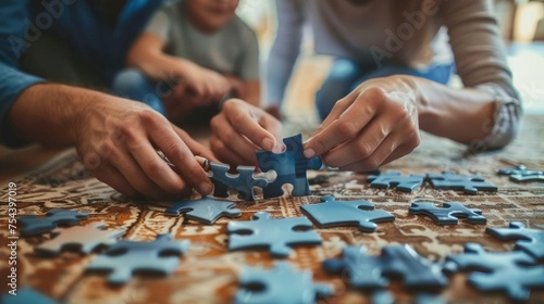 Father and mother, parents, young child enjoying quality time together by assembling jigsaw puzzles in their stylish, modern home The dark blue and aquamarine color scheme creates a calming