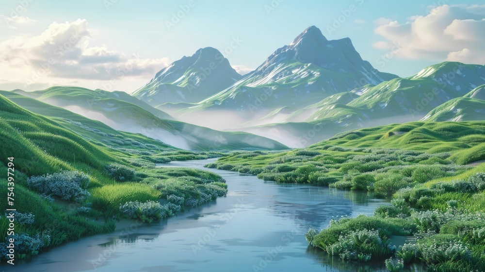 Long river runs through a lush green valley with mountains in the background. The scene is serene and peaceful, with the water flowing gently over the rocks