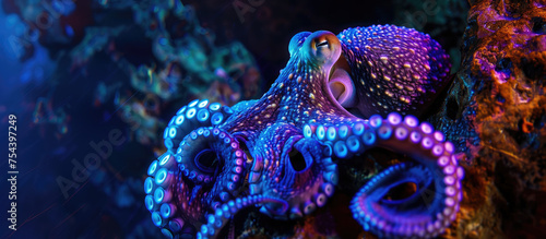 Octopus with neon violet and pink marbled skin moves among coral in an ocean shallow. Big monster creature with tentacles whip around as it scuttles through the aquatic landscape. © Shaman4ik