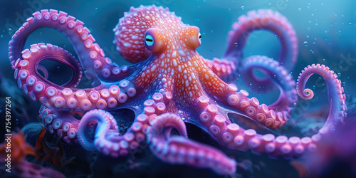 Giant Octopus in underwater. Kraken monster and sunken ship in deep ocean with mystic atmosphere