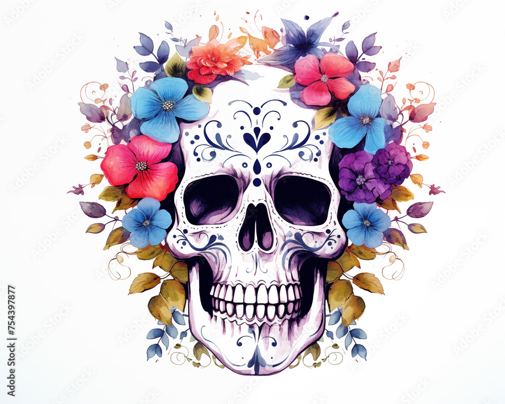 Fototapeta premium Skull in flowers. Watercolor drawing. White back
