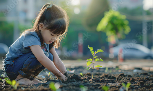 A little girl is planting a tree in the dirt. Concept of innocence and wonder as the child learns about the importance of nature and the environment