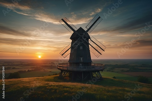 Engineering Solitude: A Sunset Reverie by the Windmill. renewable energy, green energy, wind power concepts.