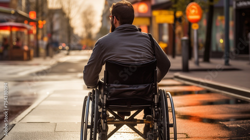 A Disabled Man in A Wheelchair Is Riding Along The Street