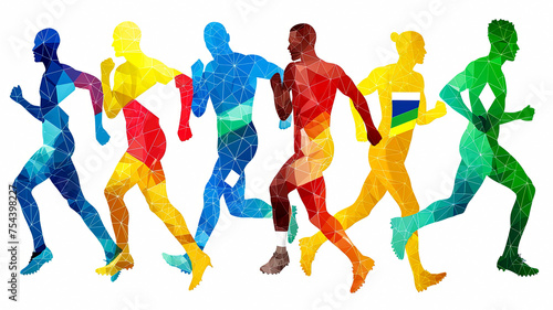 an abstract  geometrical and colored representation of the athletes parade with country flags