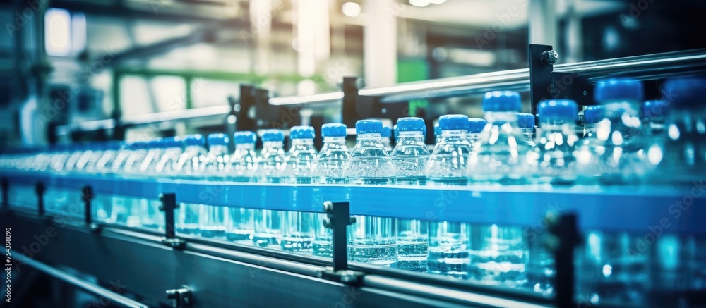 A row of water bottles sits on top of a conveyor belt in a water factory. A row of water bottles sits on top of a conveyor belt in a water factory.