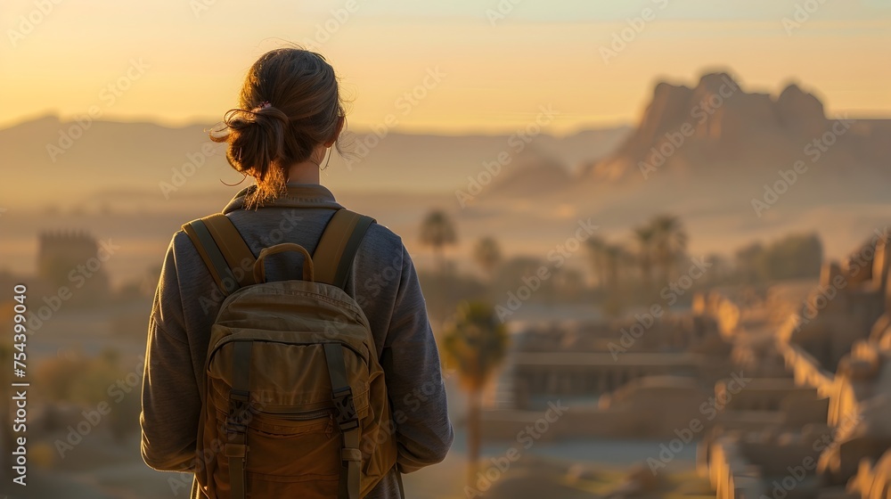 Back view of Woman Traveller with Backpack in Desert Landscape at Sunrise