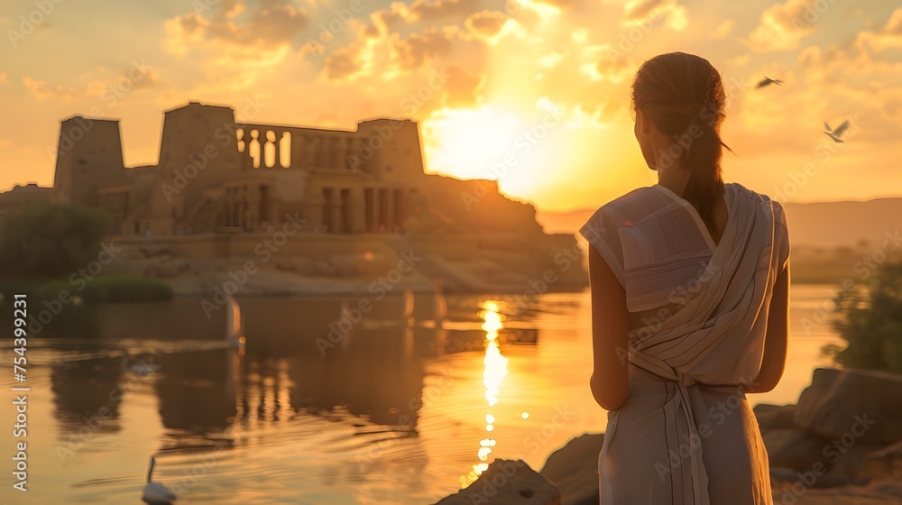 Fototapeta premium Woman at Sunset Overlooking an Ancient City by the River at Philae Temple in Aswan, Egypt